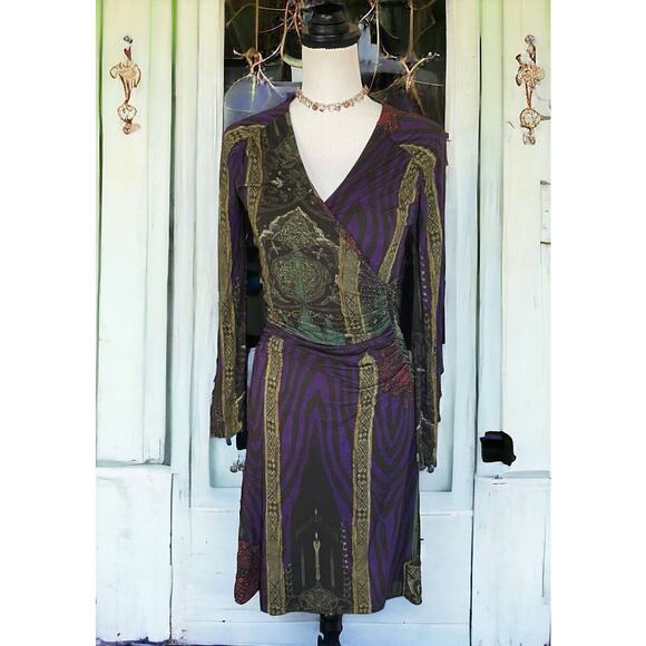 Etro Italy Purple Green Multi Paisley Long Sleeve V-Neck Dress sz 42 M US 6 - Picture 2 of 14